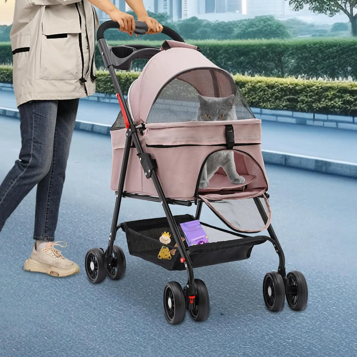 Pet Travel Bag with 4 Wheels Dog Stroller Carrying Cart Foldable Puppy Carrier for Small Medium Pet Car Seat Sun Shade
