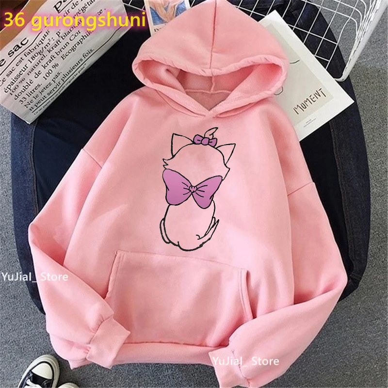 Lovely Mary Cat Cartoon Print Cap Hoodie Girls Harajuku Kawaii Clothes Funny Sweatshirt Women Fashion White/Gray/Pink Tracksuit