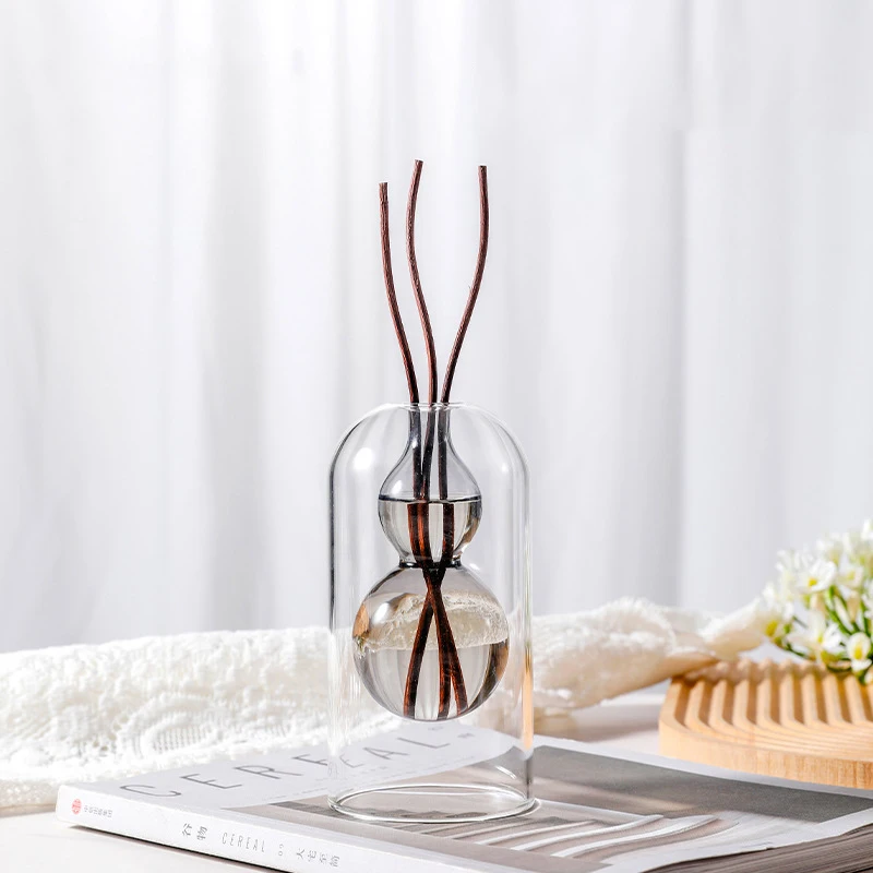1pc Double-layer Aromatherapy Diffuser Bottle Clear Glass Essential Oil Bottles with Wavy Rattan Sticks 120ml Reed Diffuser Oil