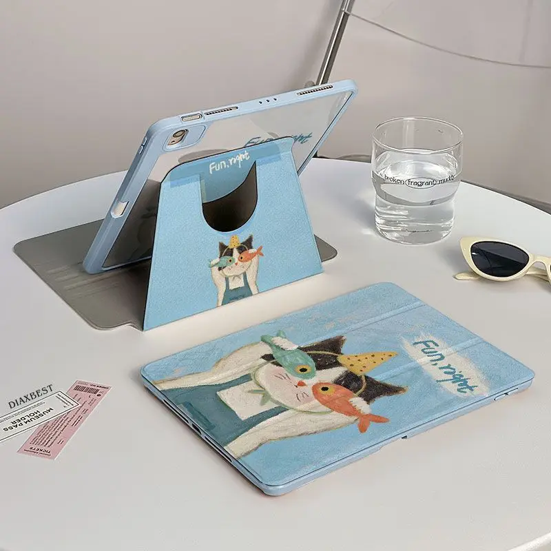 360-Degree Rotating Stand Cover with Fishing Kitten Print