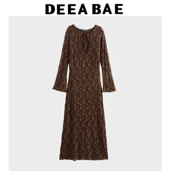 Robe manches longues dentelle col rond élégante femme