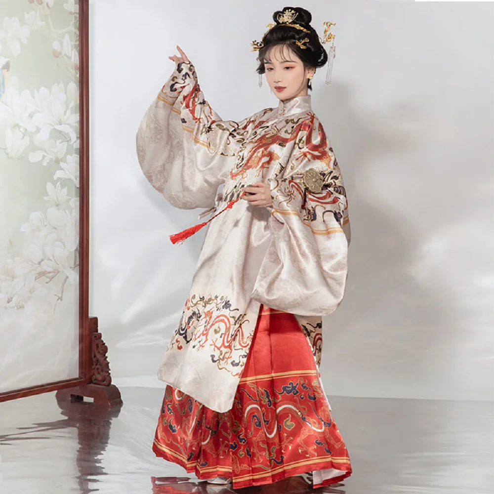 

Beige female Hanfu traditional Chinese style high quality weaving gold Ming Dynasty O-neck robe horse skirt summer daily clothes