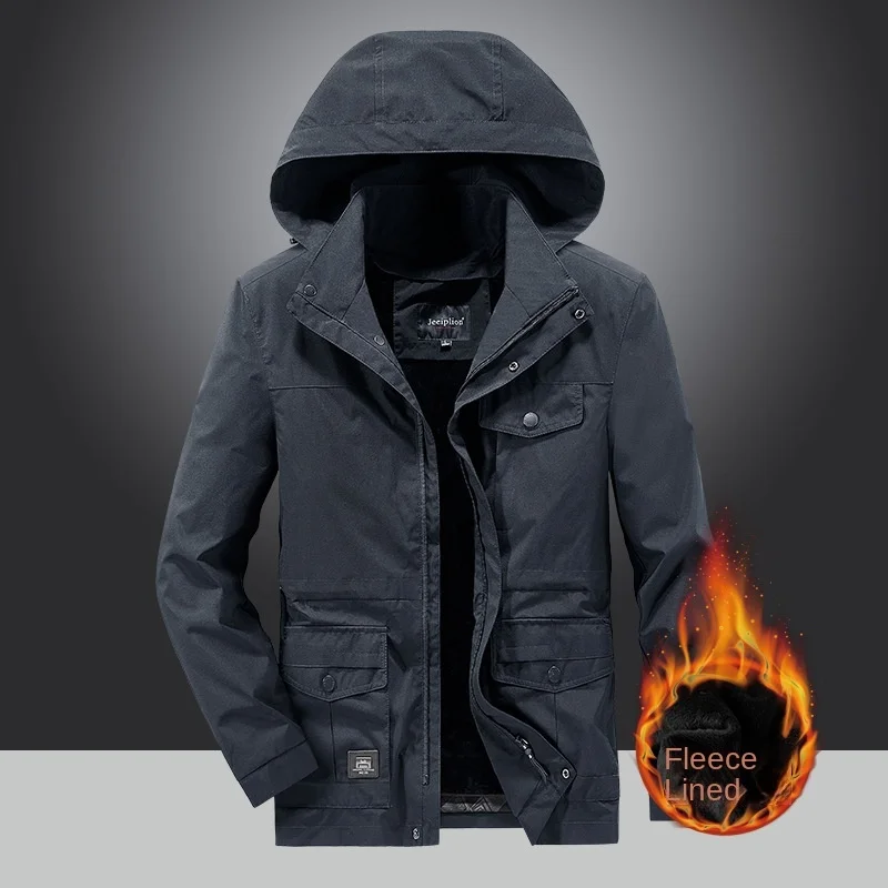 Men's Winter Tactical Coat Plush Thickened Cotton Jacket Multi Pocket Work Loose Coat Medium Length Jackets Outdoor Sports Coats