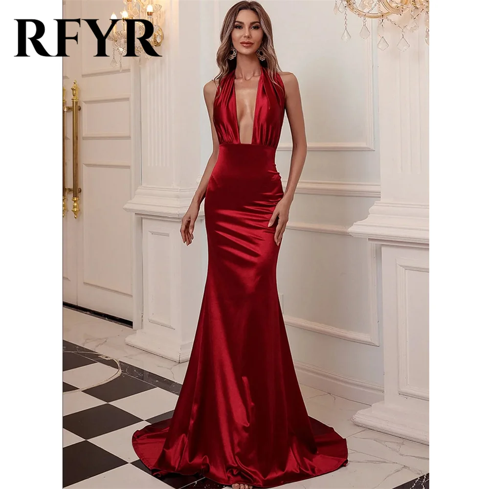 RFYR Burgundy Evening Dresses Halter Backless Prom Dress Deep V-Neck Satin Party Dress Sexy Fishtail Sweep Train فستان سهرة