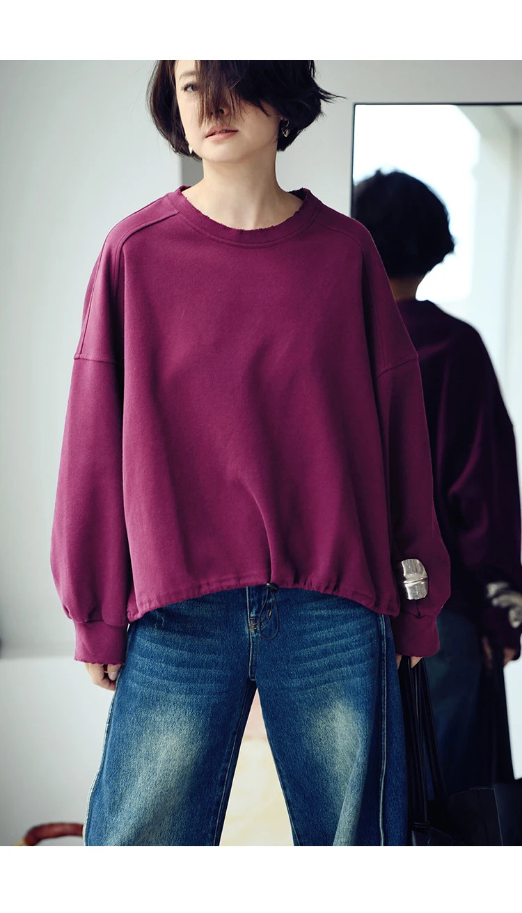 R7151C Artistic Retro Brushed Drawstring Round Neck Pullover Loose Batwing Sleeve Short Sweatshirt for Women Autumn