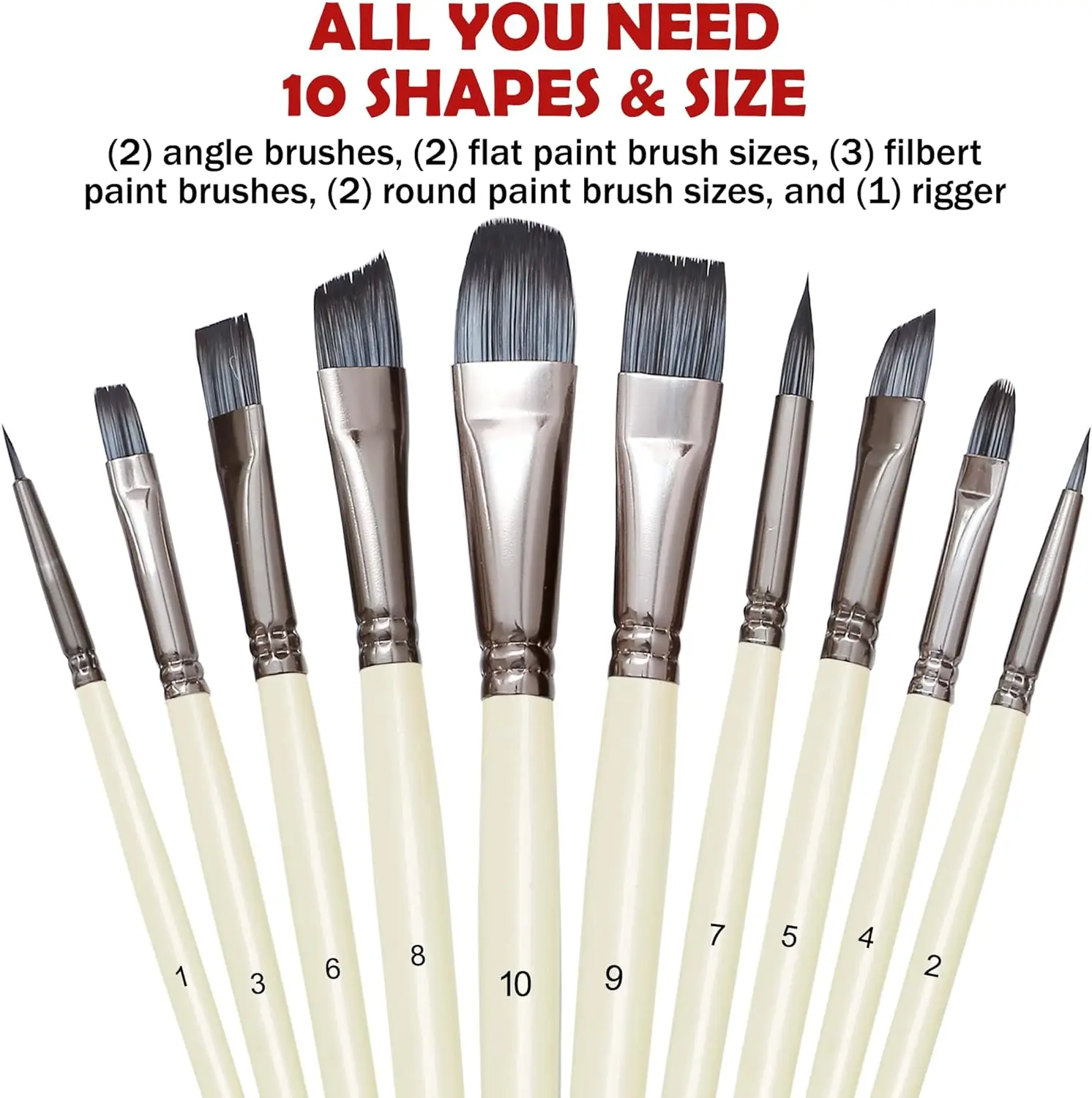 10 Pack Paint Brushes Set for Art Acrylic Gouache Oil Watercolor Artist Canvas Synthetic Nylon Tips 6