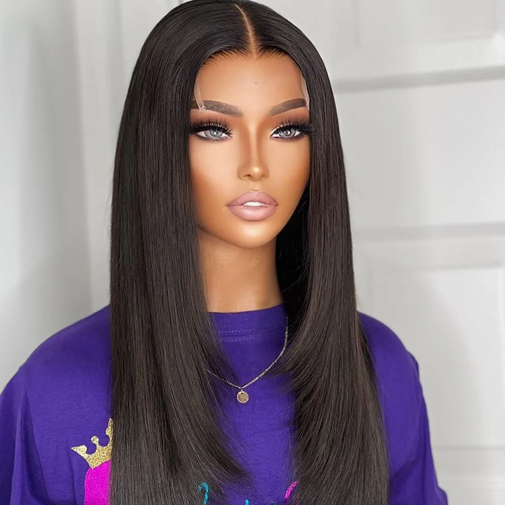 

Preplucked Soft 180%Density 26Inch Natural Black Silky Straight Long Natural Hairline Glueless Lace Front Wig For Women Babyhair
