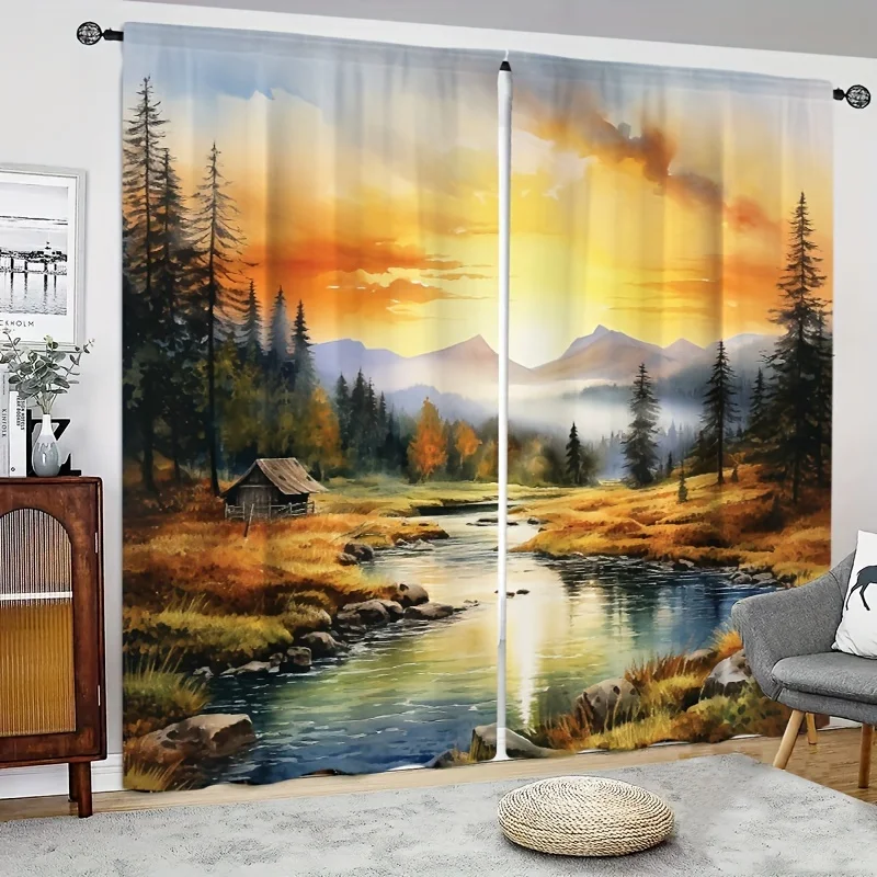 

2pcs Village Sunset & Beautiful Scenery Pattern Curtain Rod Pocket Semi Blackout Window Curtains Living Room Bedroom Office Home