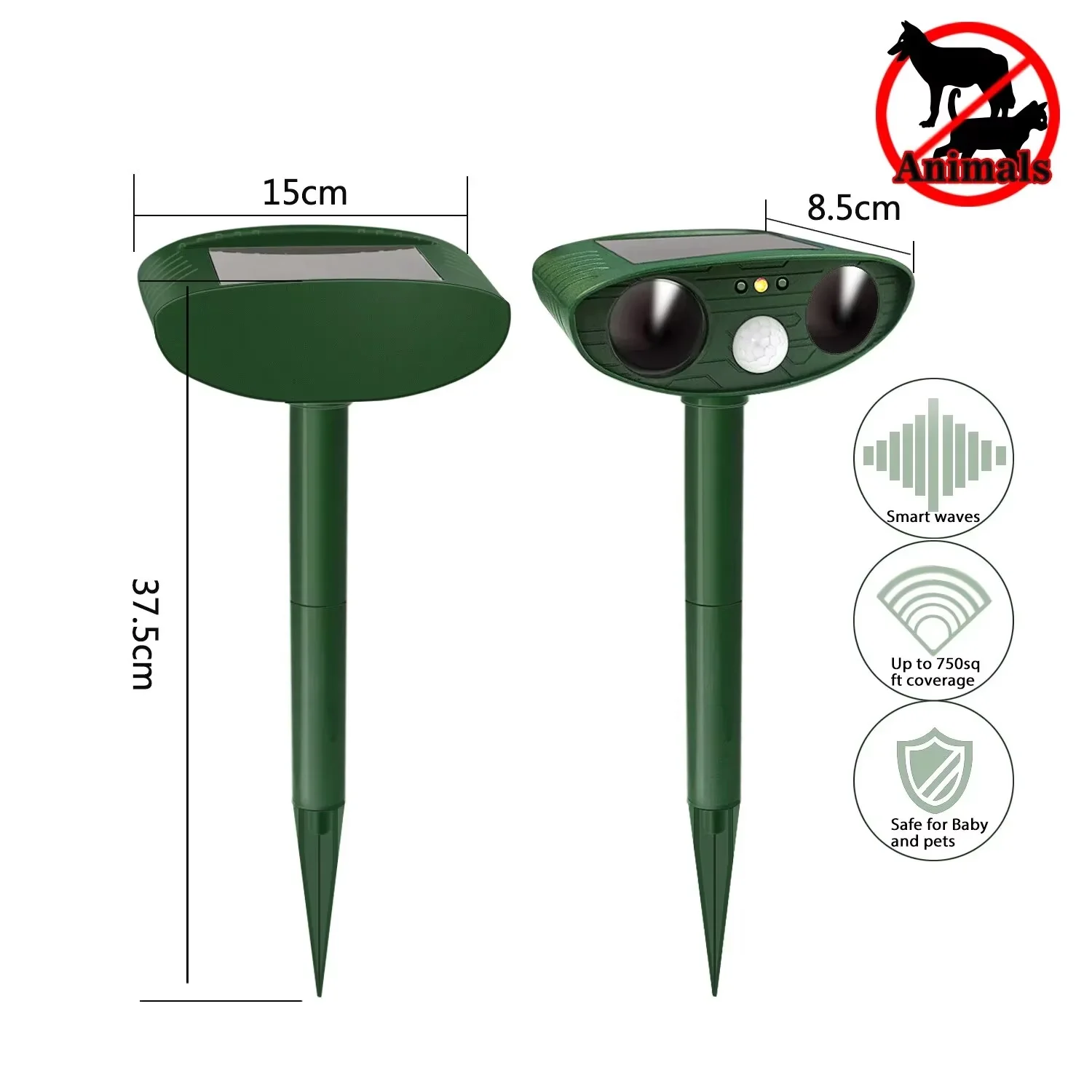 Ultrasound Repellant Cat Dog Solar Powered Rechargeable Garden Waterproof