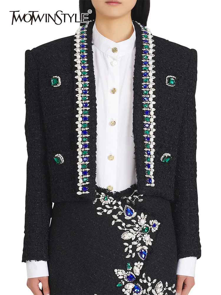 

TWOTWINSTYLE Colorblock Spliced Diamonds Jackets For Women V Neck Long Sleeve Patchwork Pockets Chic Casual Jacket Female Style