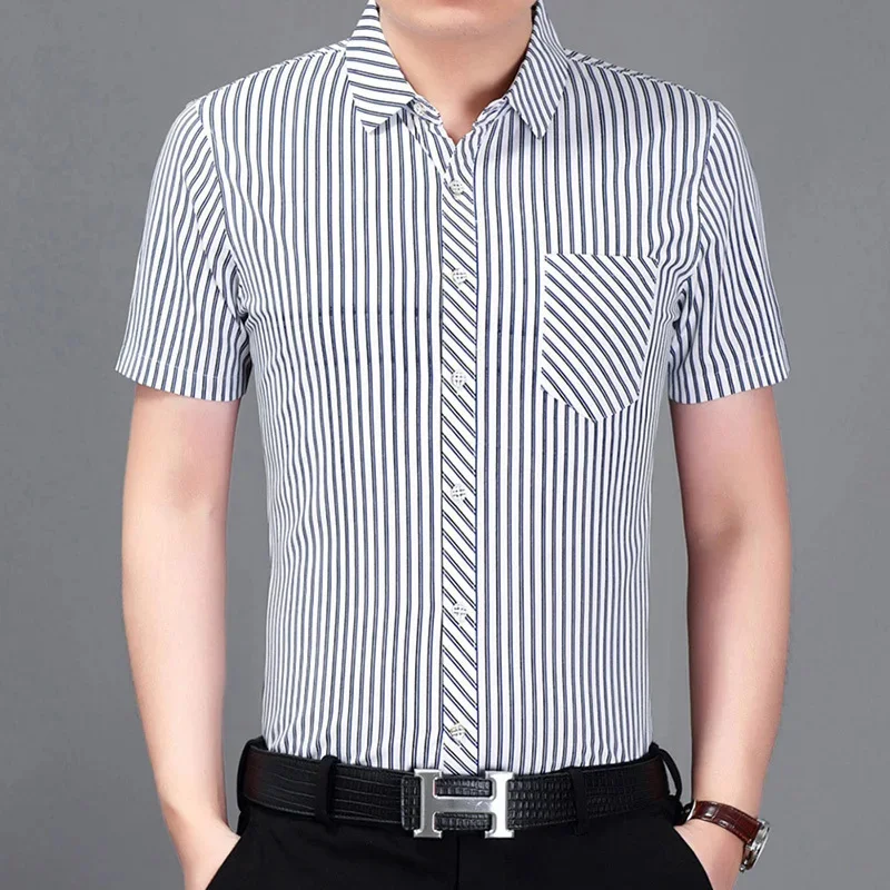 

Summer New Men Striped Short Sleeve Single Breasted Shirt Daily Casual Top Grade Designer Business Office Male Clothes 2024