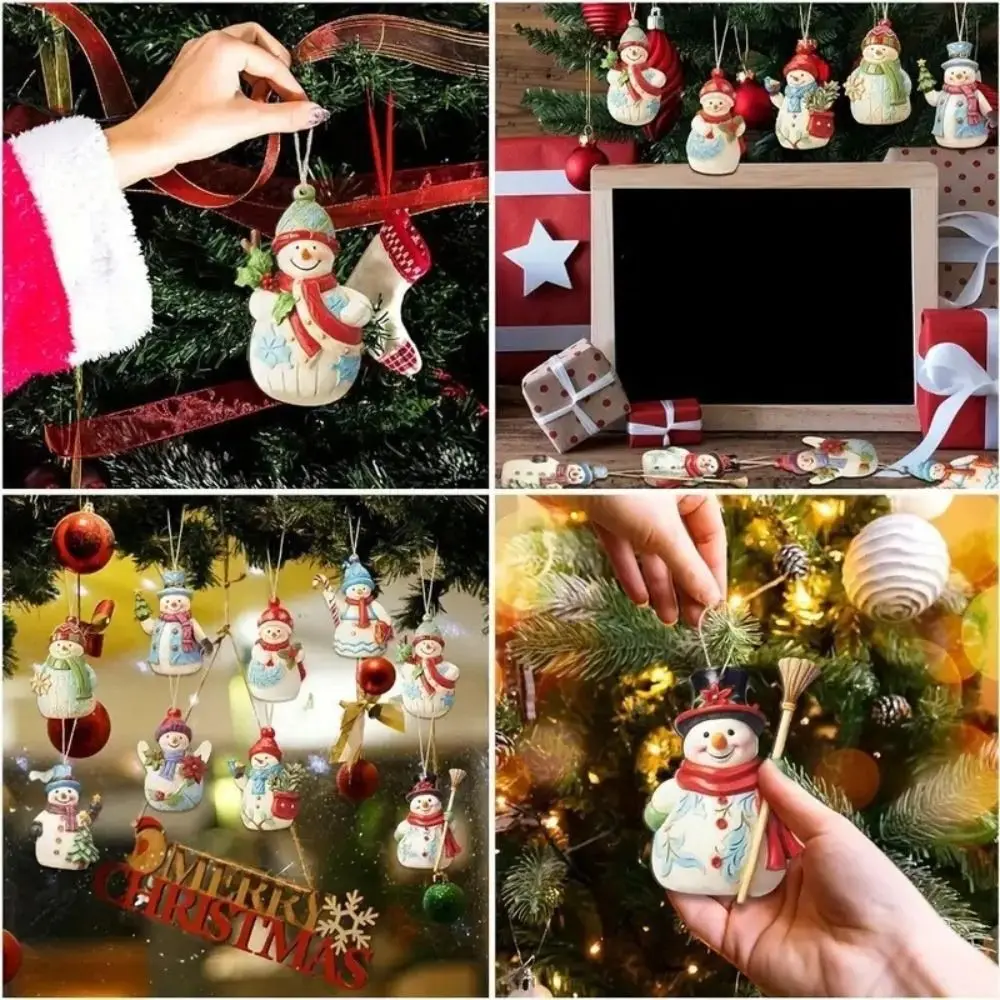 18Pcs Painted Design Wooden Snowman Pendant with Lanyard Cartoon Style Christmas Hanging Ornament Decorative Set Versatile