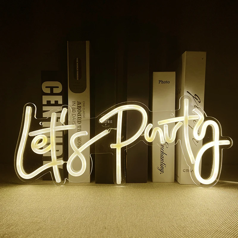 battery night light LED Neon Let’s Party Sign for All Party Wall Decor Warm White Letters Reusable Neon Light “16x3” LED Sign for Bedroom Engagement night lights for adults