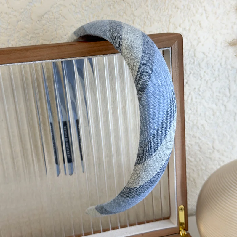 Bluish Stripe Plaid Print Headband with Sponge Padding and Sweet Blue Flower Bow Design