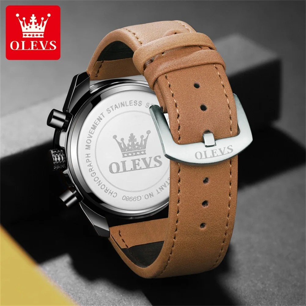 OLEVS Men Watches Quartz Watch Leather Sport Waterproof Wristwatch Chronograph Moon Phases Quality Men's Watch Reloj Hombre