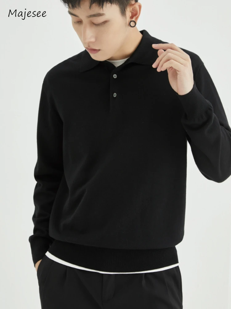 

Solid Sweaters Men Autumn Simple Handsome Temperament Korean Commuting Style Chic Knitted Cozy Soft Lapel Button Design Casual