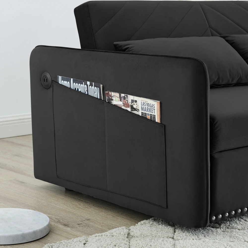 MH Sleeper Sofa Bed w/USB Port, 3-in-1 Adjustable Pull-Out Bed, 2 Lumbar Pillows, Side Pocket - Soft Velvet Convertible Sleeper 4