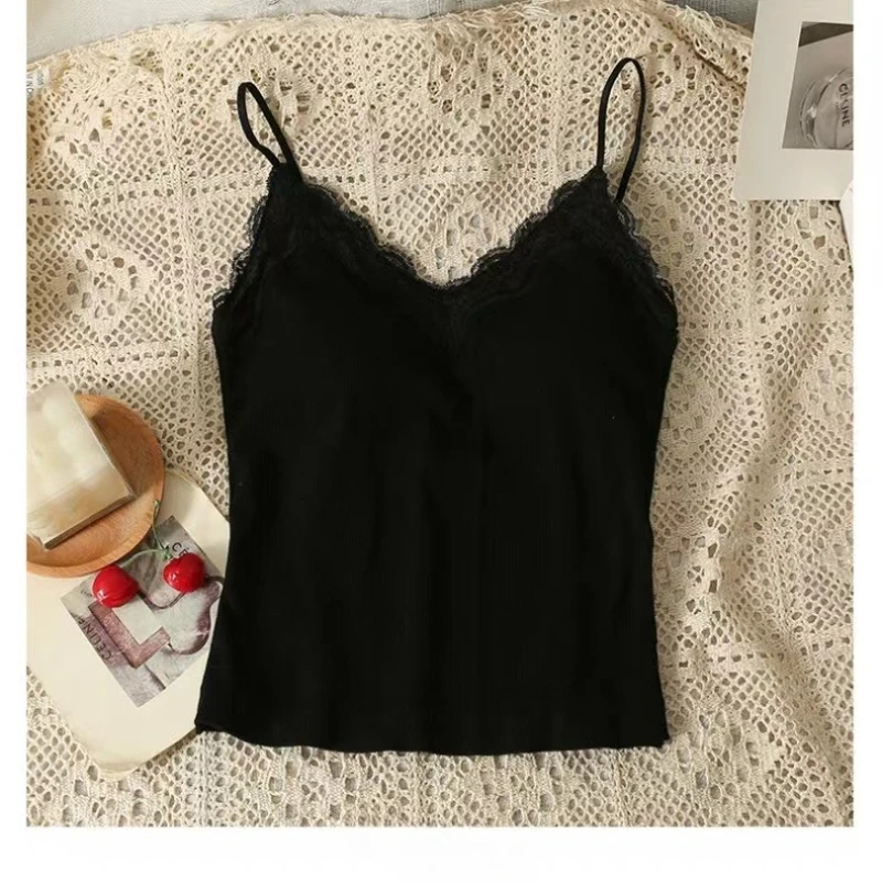 Women Sleeveless Tank Tops Solid Color Korean Version V Neck Slim Fashion Lace Stitching With Chest Pad Camisole 5