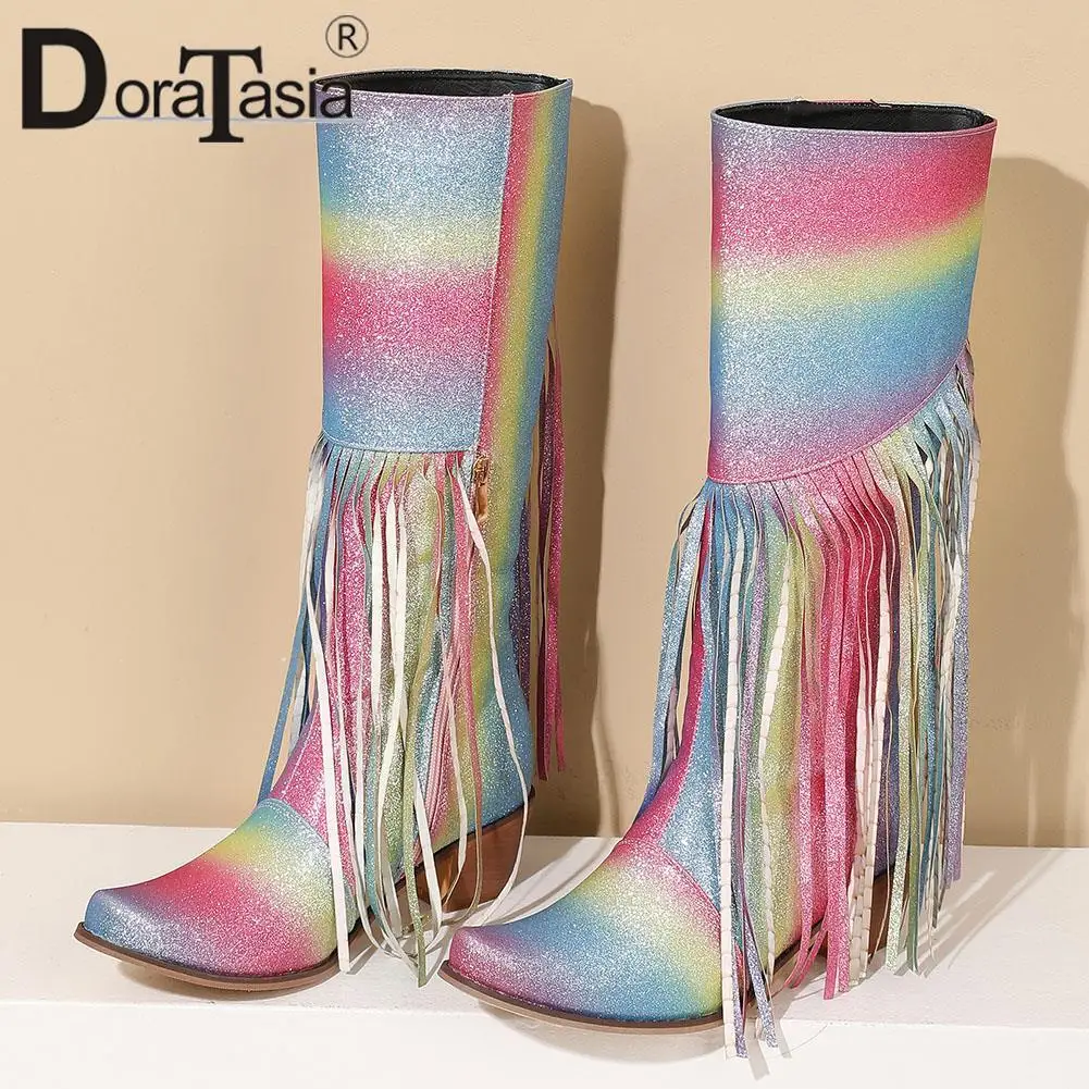 

Brand New Ladies Colorful Western Cowboy Boots Fashion Zip Fringe Chunky Heels women's Cowgirl Boots Casual Party Woman Shoes