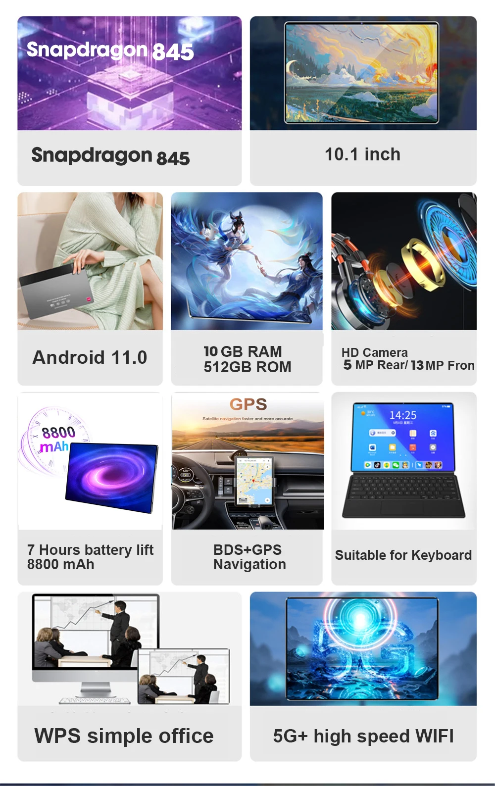 2 in 1 New Arrivals Global Version Tablet PC Snapdragon 845 4K Samsung Screen 10.1 Inch Android 11 Dual Card 5G Wifi Tablette