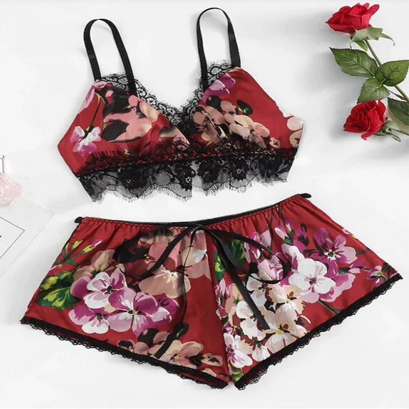 

Пикантные кружевные пижамные комплекты, женское нижнее белье, топ на бретельках с цветами, шорты, домашняя одежда, одежда для сна из искусственного шелка, летняя повседневная одежда для отдыха, Ночная одежда