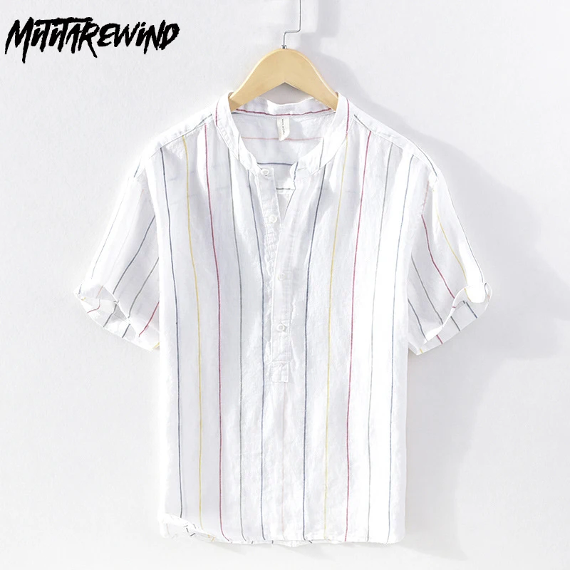 

Yarn-dyed 100% Linen Shirts for Man Summer Fresh Pullover Men Top Stand Collar Short Sleeve Striped Shirt Beach Shirt Breathable