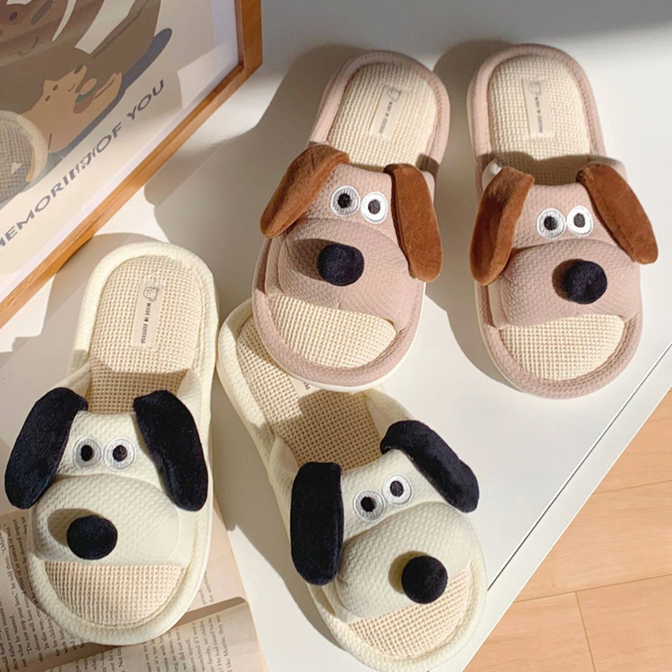 Ladies Soft Sole Casual Couple Style New Shoes Ventilated Comfortable Cute Puppy Pattern Design Non-slip Linen Home Slippers