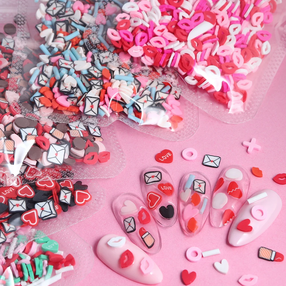 

10G 3D Love Heart Valentine's Nail Art Charms Decoration Red Lips Polymer Soft Clay Slice Accessories for Nail Material Supplies