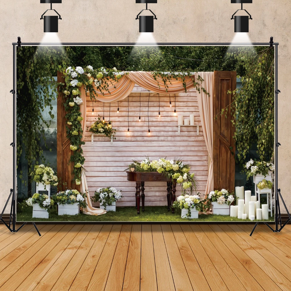 Photo Backdrop Wedding Wooden Wall Backdrops Vintage Garland With Luminous Bulbs Decor Pots With Flowers Candle Party Photographic Backdrops