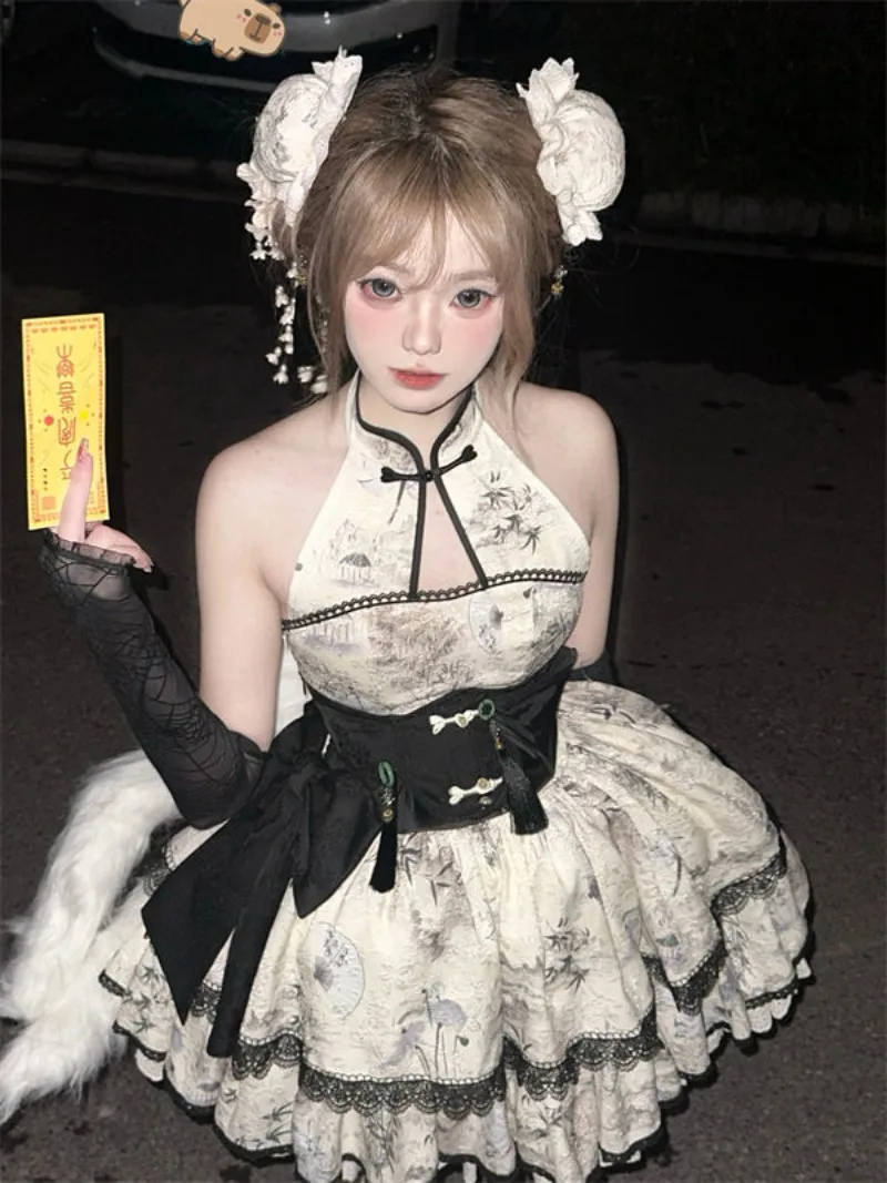 

Женское платье с вырезом Лолита, короткое платье в китайском ретро-стиле с пышной юбкой в дворцовом стиле, для лета