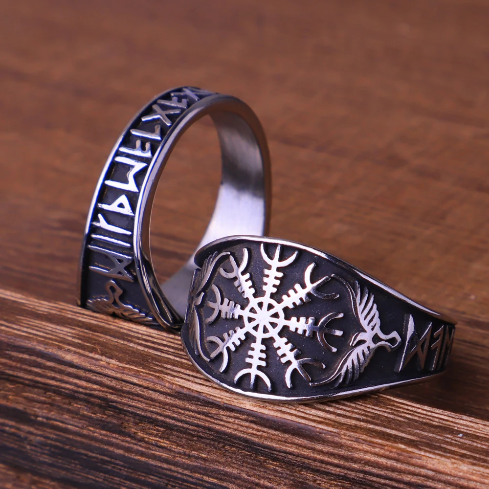 Vintage Viking Raven Vegvisir Compass Rings For Men Fashion Amulet Nordic Odin Rune Ring Gioielli In Acciaio Inossidabile All'Ingrosso