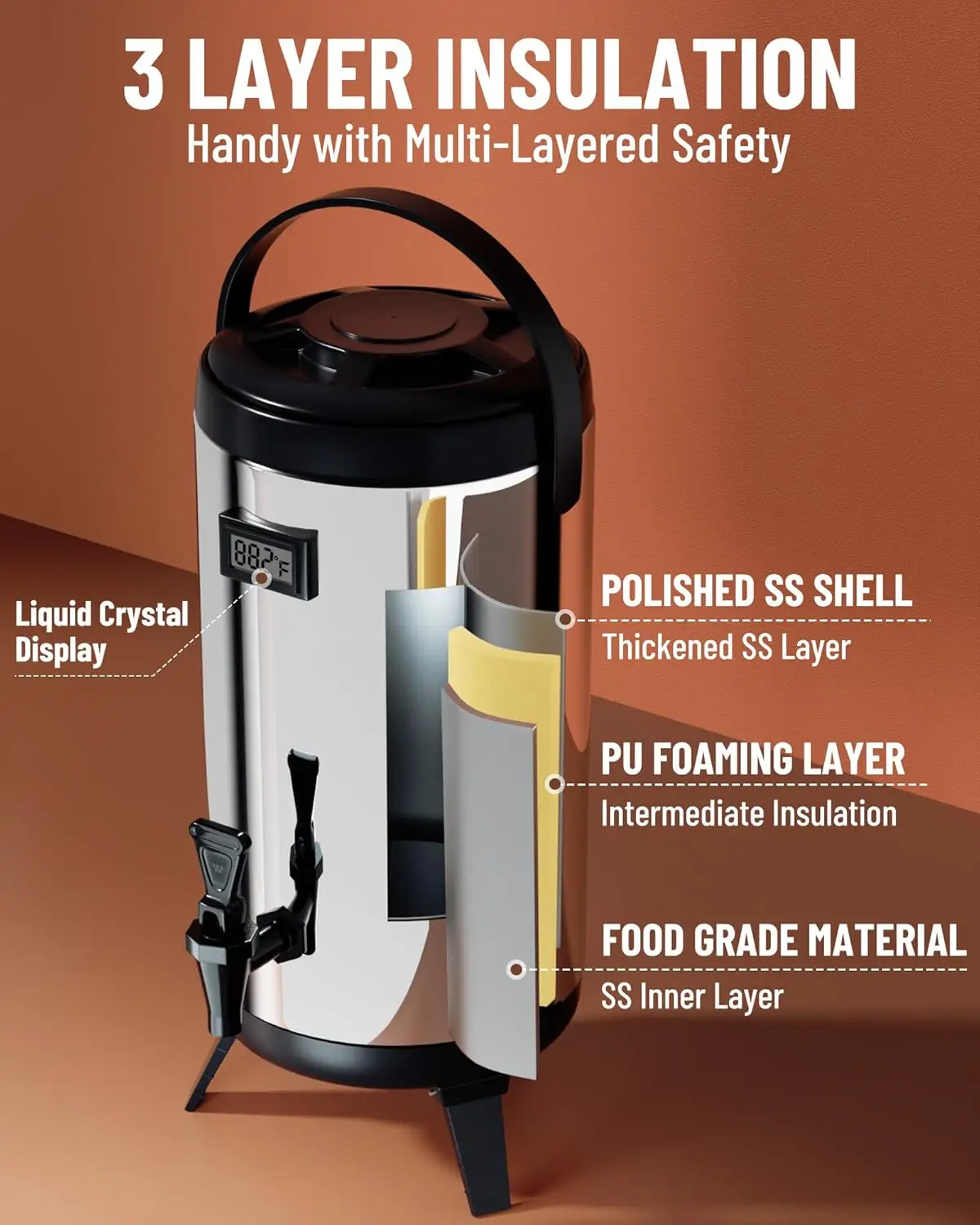 Insulated Beverage Dispenser-75 Cup Hot&Cold water Urn for Catering-Stainless Steel Premium 12 L/3.2 Gallon Hot Drink D 3