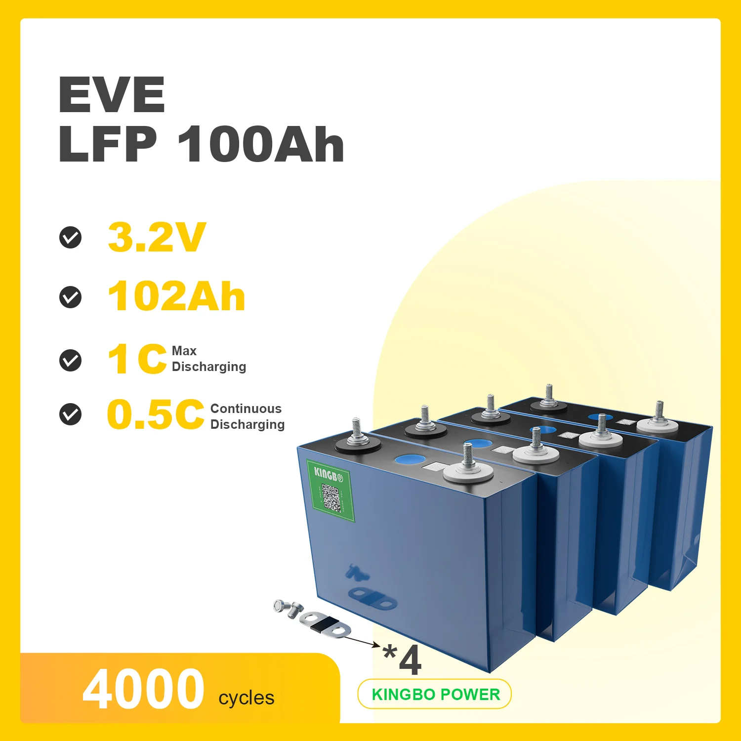 Lifepo4 Battery Kingbo Power EVE100Ah 4PCS 3.2V 100Ah Lindoviver lifepo4 Prismatic Battery Cells