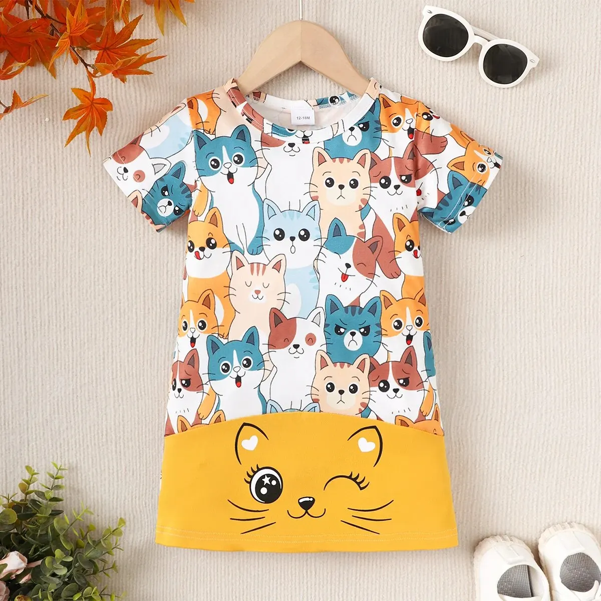 Summer 1-5 Years Old Baby Girls Cute Short-sleeved Kitten Print Dress