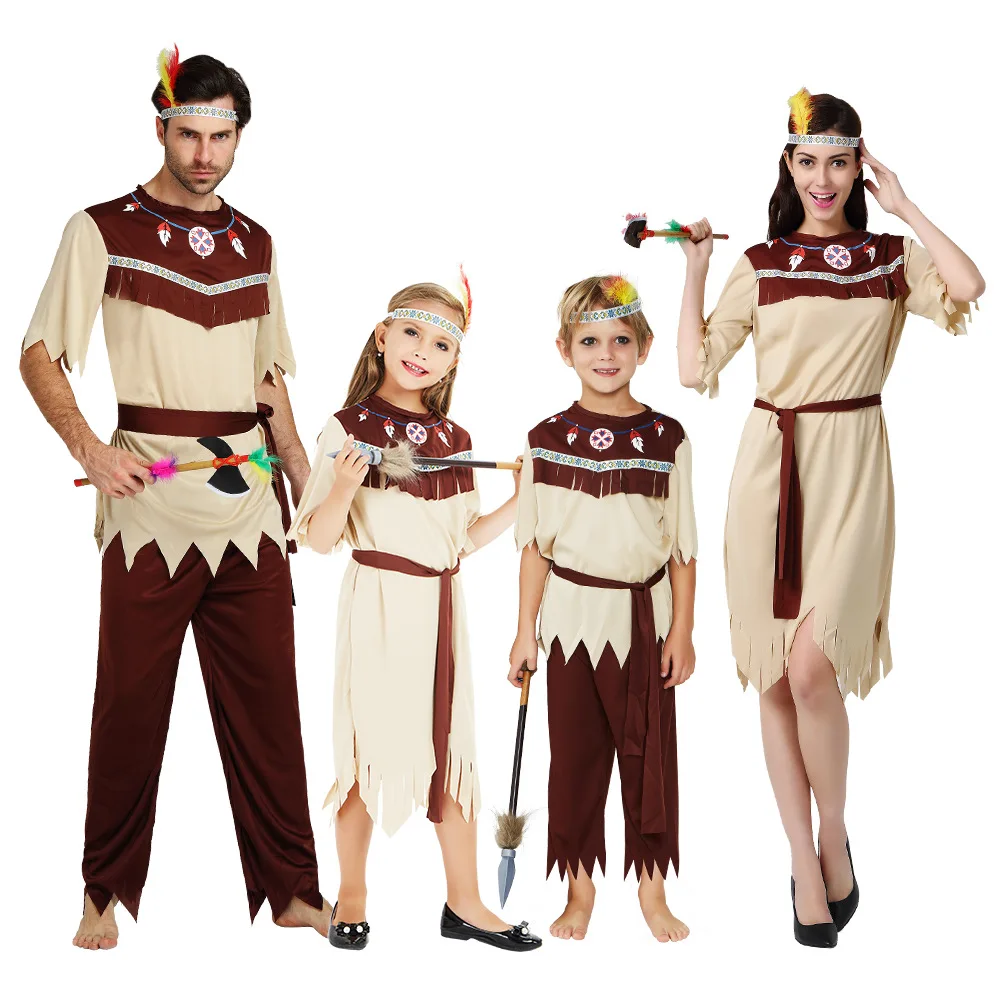 Adult Children's Halloween Cosplay Costumes Grey White Indian Clothing Indigenous Costumes Masquerade Dance Performance