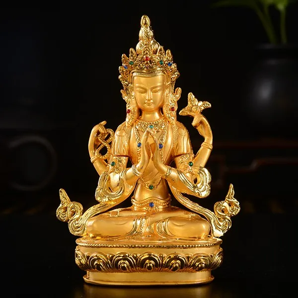 

HOT SALE HOME Talisman House Protection # Gilding brass Tibetan Buddhism Four-armed Avalokitesvara Bidhisattva statue