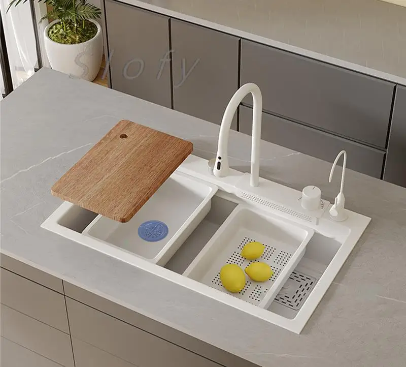 White/Balck/Grey 304 Stainless Steel Waterfall Kitchen Sink Single Bowl Wash Basin Home Sink Topmount  Workstation Drainage Set 3