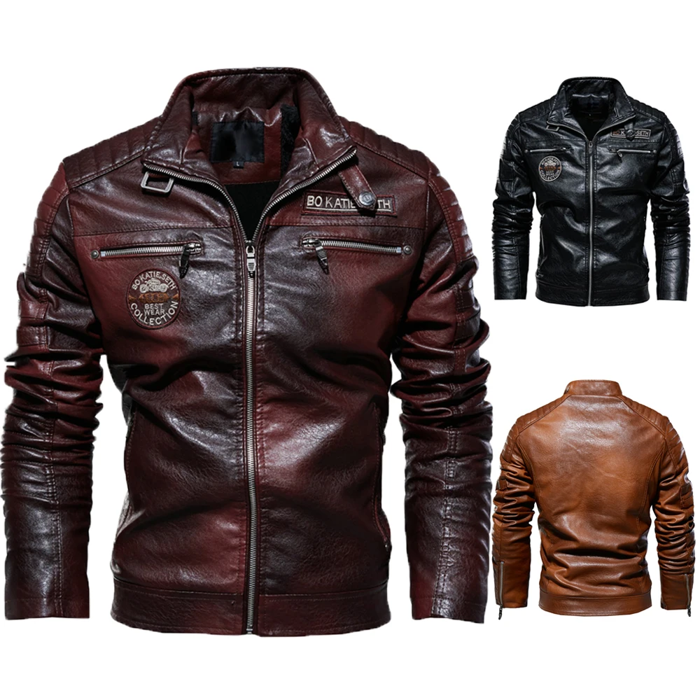 Men's Stand Collar Leather Jacket Motorcycle Lightweight Faux Leather Outwear
