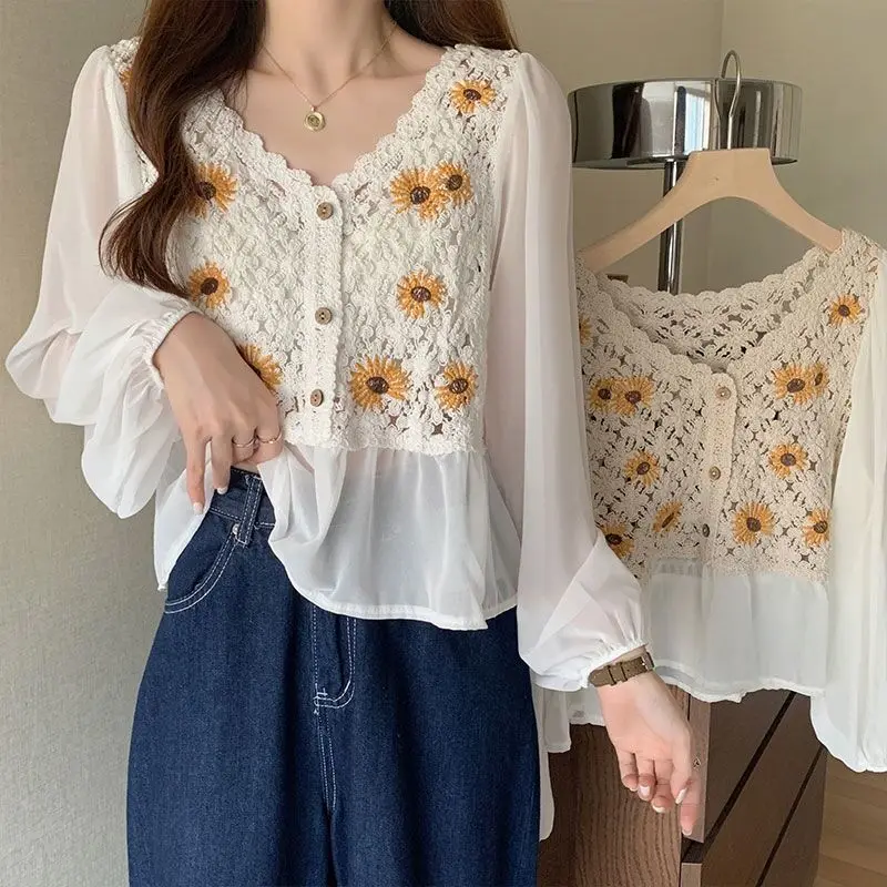 OUMEA Women Cotton Crochet Inserted Tops Daisy Flower Embroidery Sweet Blouse Buttons Front Sheer Chiffon Sleeve Openwork Shirts