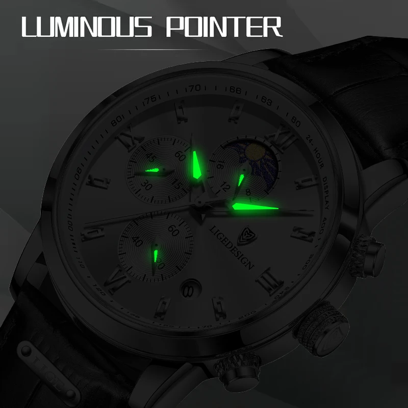LIGE New 24 hour Moon Phase Watch Men Fashion Army Military Quartz Men Watch Leather Waterproof Sports Chronograph Reloj Hombre