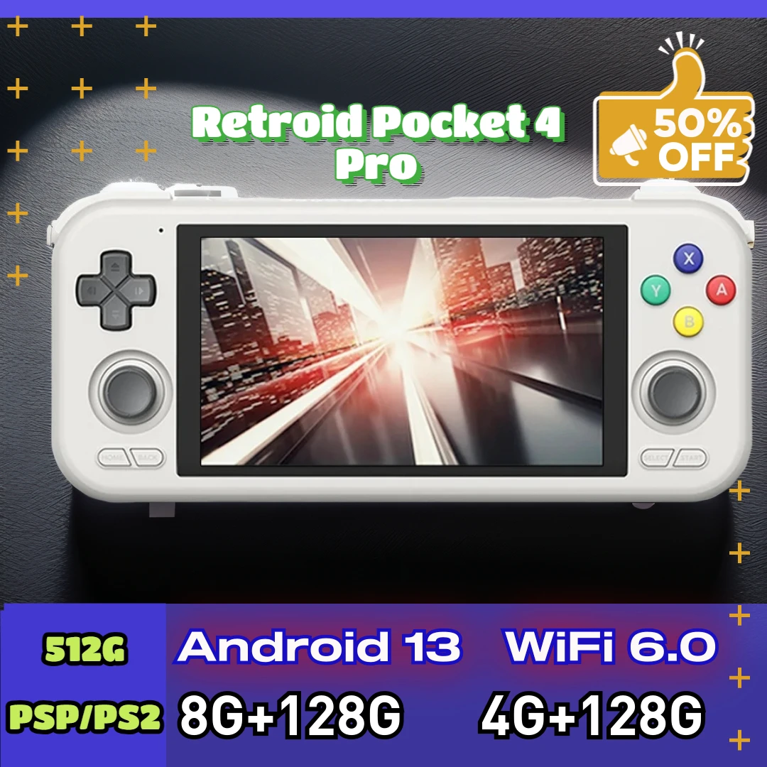 

Retroid Pocket 4 Pro Official Store Handheld 4.7 Inch Video Game 8G+128GB RP4 Android 13 WiFi 6.0 Bluetooth 5.2 Console PSP PS2