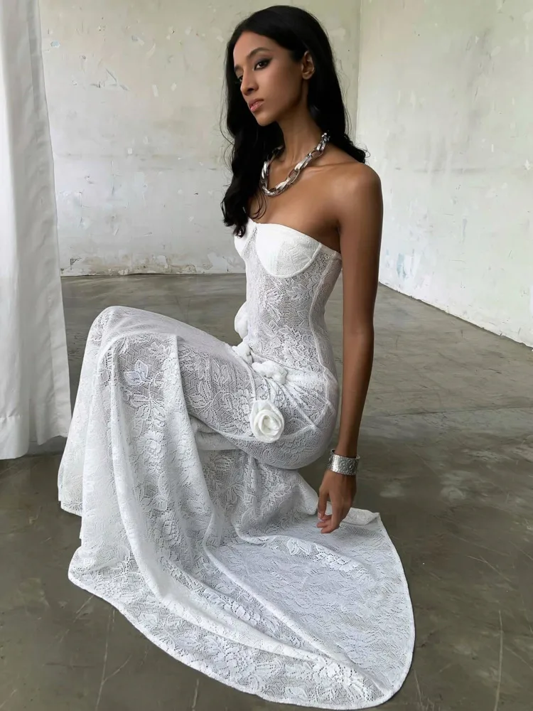 Elegant Lace Patchwork Bodycon Party Evening Dress Women Sexy Strapless 3D Flower Slim Backless Dress Autumn/winter 2025