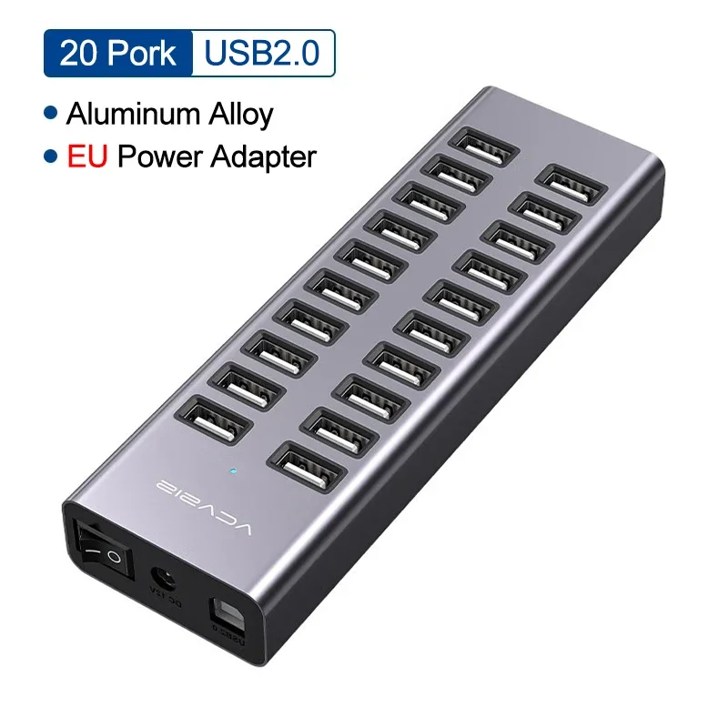 ACASIS 20 포트 전원 USB 허브 알루미늄 멀티 USB 2.0 허브 90W 전원 어댑터가 포함된 고속 데이터 전송 고속 충전기 분배기