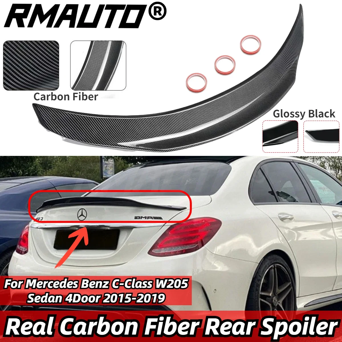 

For Mercedes Benz C-Class W205 PSM Spoiler Real Carbon Fiber Rear Trunk Spoiler Wing Body Kit Sedan 2015-2019 Exterior Part