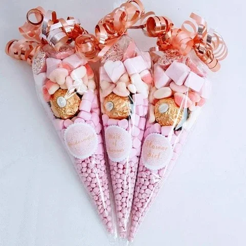 

50pcs DIY Candy Bag Wedding Favors Birthday Party Decoration Sweet Cellophane Transparent Cone Storage Bags with Organza Pouches