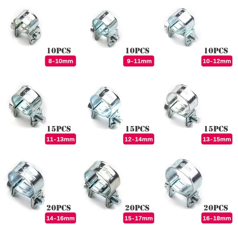 Description Picture 2 of item135Pcs Hose Clamp Double Ears Clamp 8-18mm Worm Drive Fuel Water Hose Pipe Clamps Clips Hose Fuel Clamps Assorted Kit