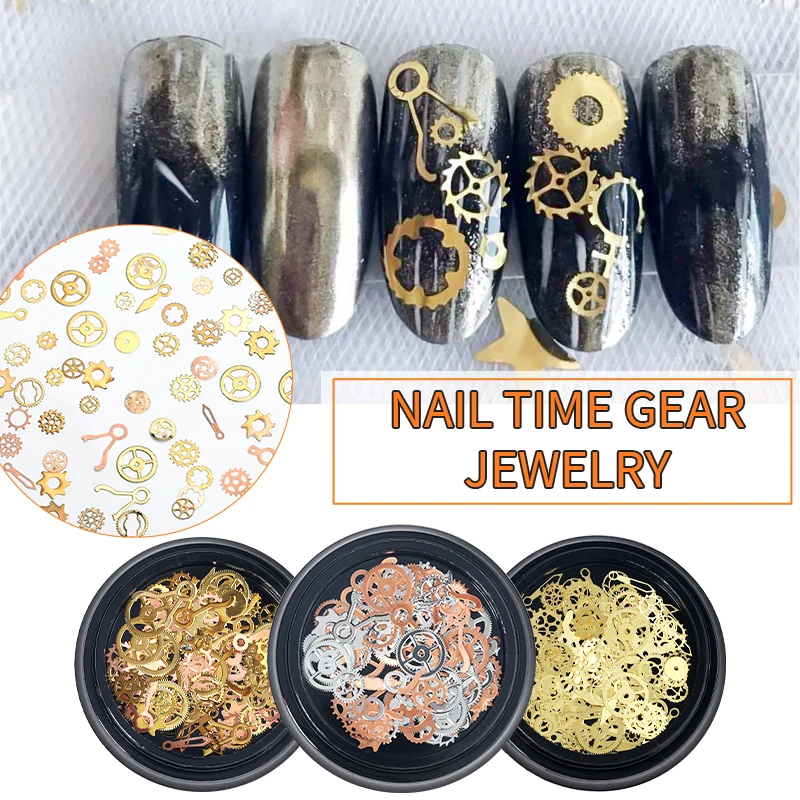 

1 Box Steampunk Nail Art Mini Ultra-thin Alloy Gear Gold Silver Patch Mixed 3D Charms Rivets DIY Nail Art Decoration Accessories