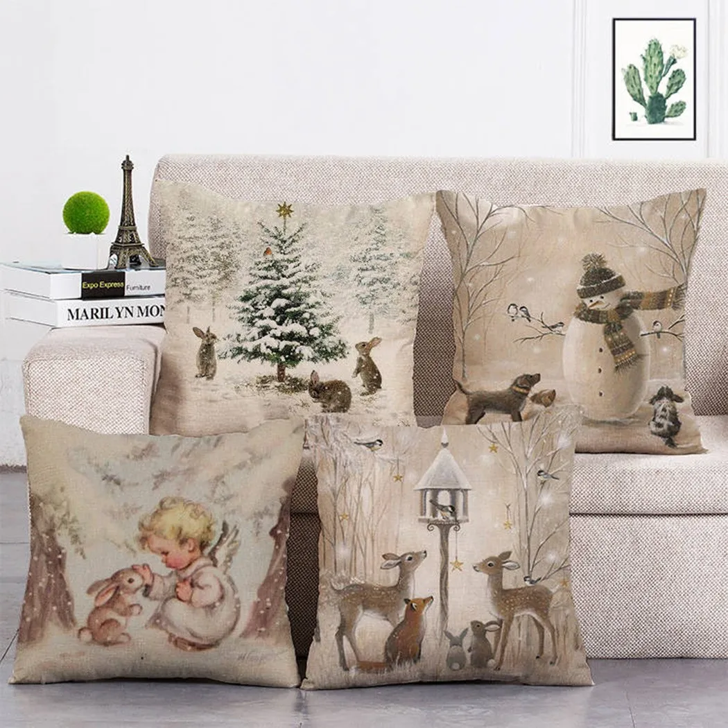 

1Pc Cotton Linen Blend Square Pillow Case Elk And Rabbit Style Cushion Cover Home Textiles Household Supplies Christmas Decor
