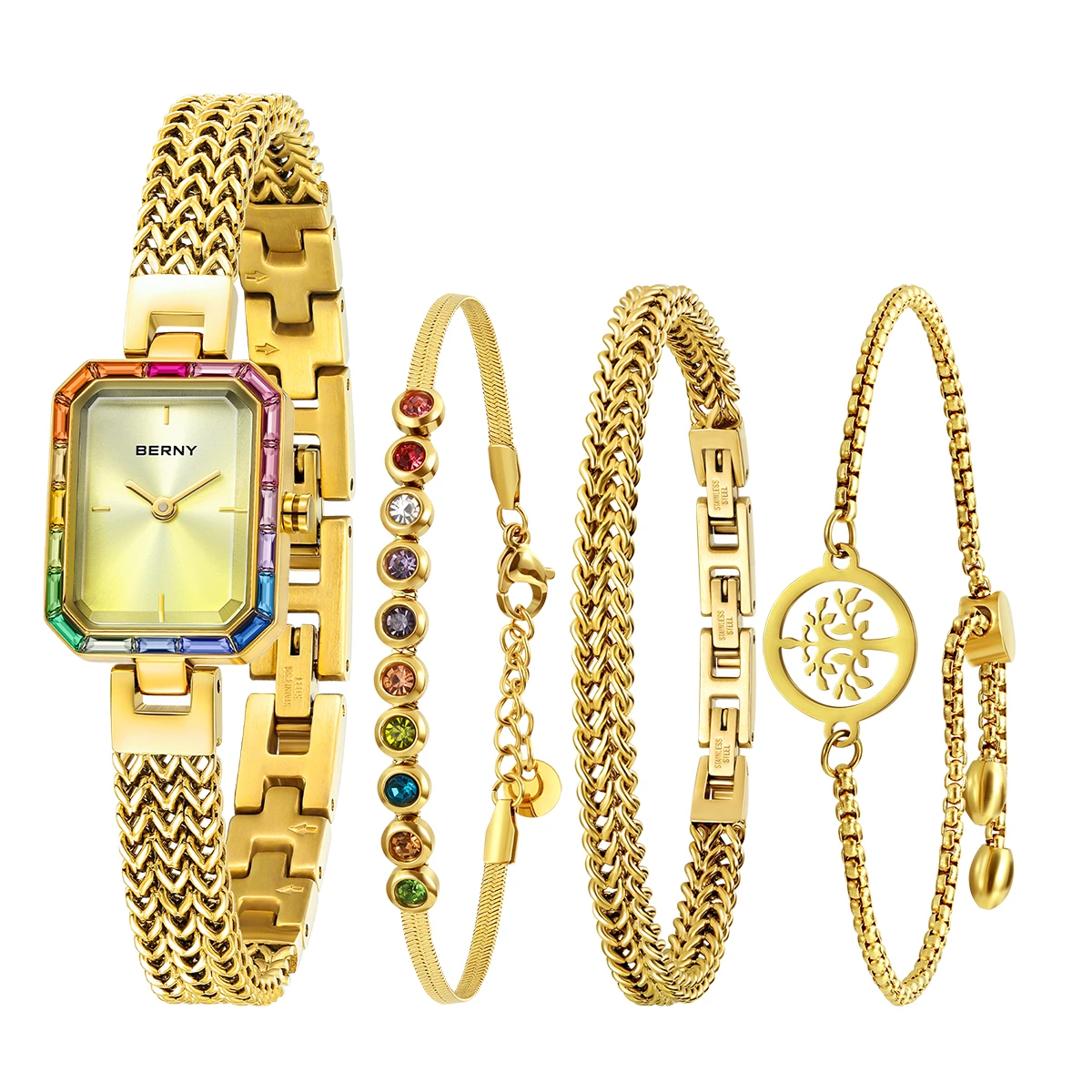 

BERNY Women Rectangle Wristwatch Gold Quartz Fashion Jewelry Bracelet Set Minimalist Watch Multicolored Stone Ladies Watches