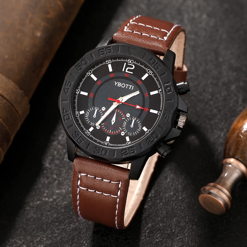 Luxury Men Watches Leather Strap Three Eyes Digital Dial Business Casual Quartz Watch Fashion Sports Man Clock Relogio Masculino 2